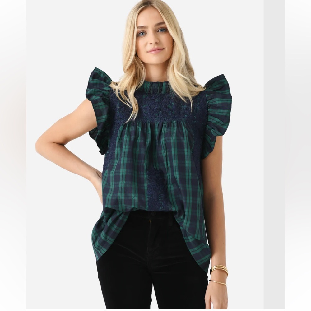 J.Marie Joyce Embroidered Ruffle Neck Cap Sleeve Plaid Top green & navy MEDIUM